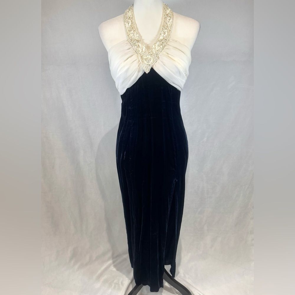 Vintage Bari-Jay 90s beaded white chiffon & dark blue velvet formal dress size 6